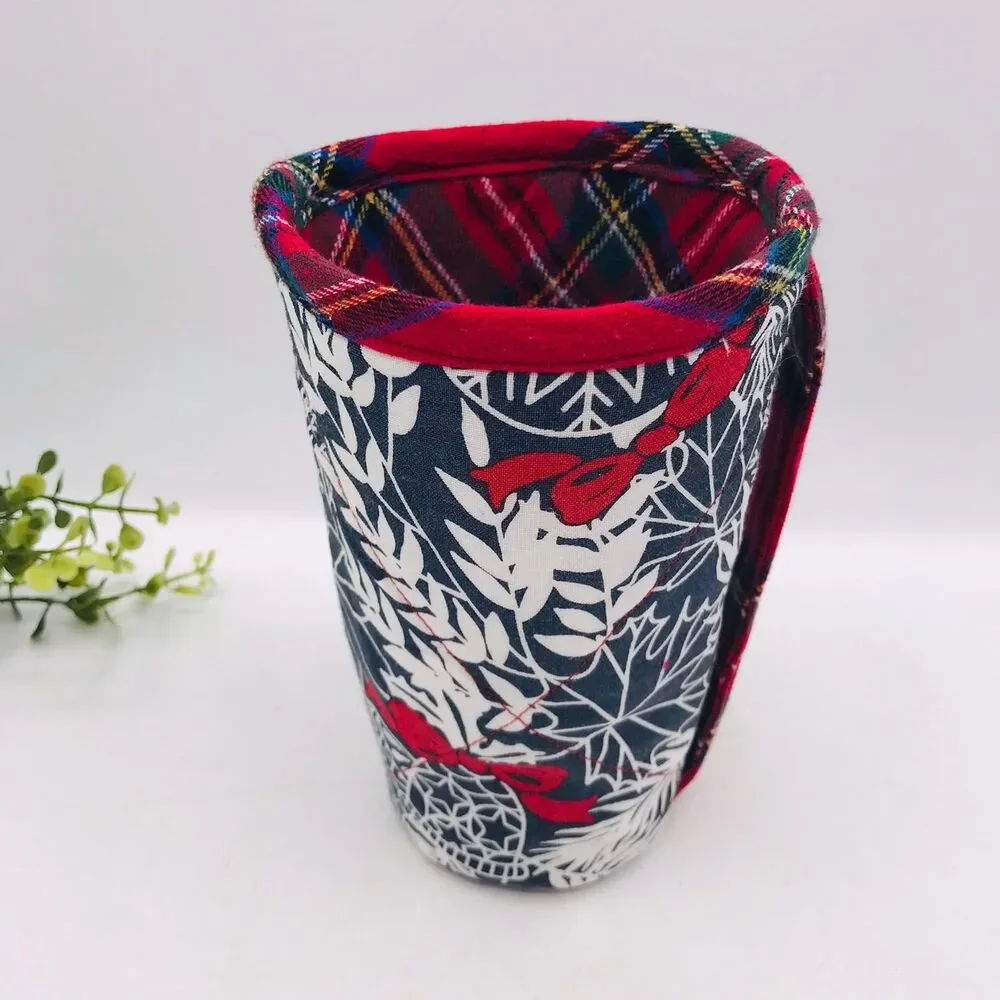Drink Coozie w Handle Hot Cold Insulated Christmas Navy, Red, Plaid, Pinecones